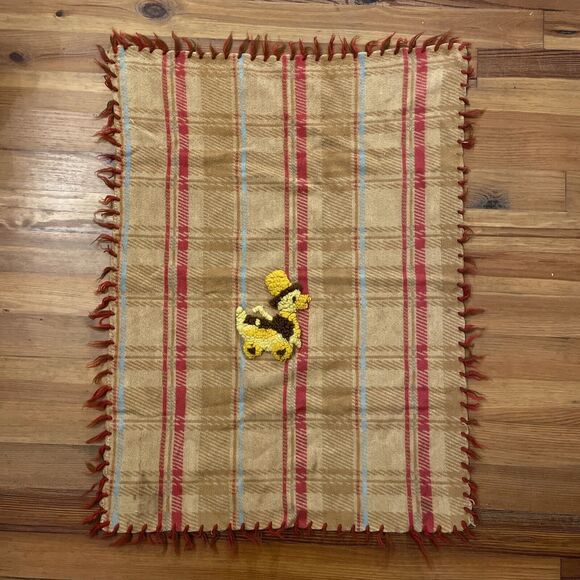 Baby Pepperell Vintage Tufted Brown Plaid Crib Blanket Yellow Duck Fringe 26x35 - Picture 1 of 12